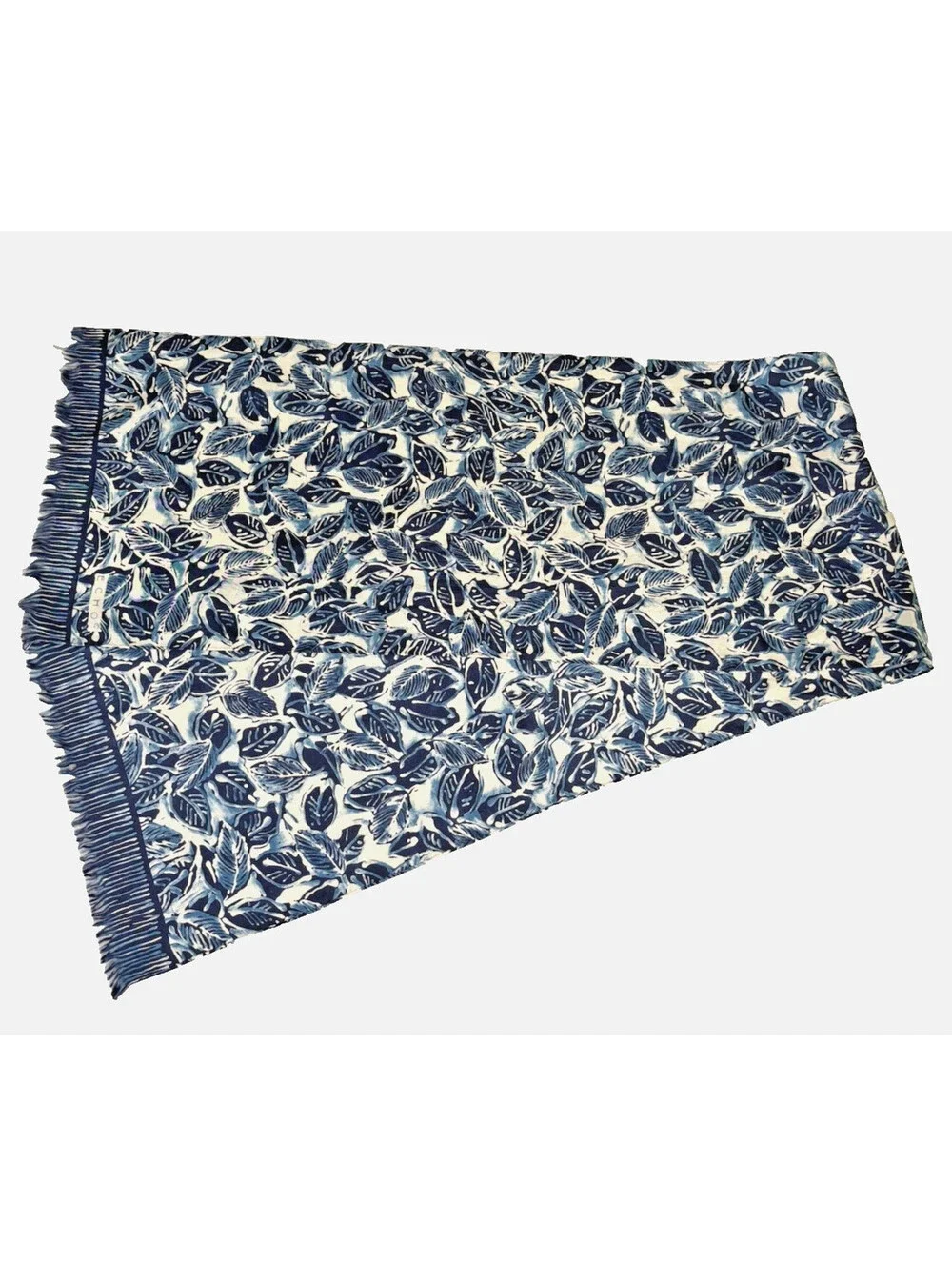 Vintage 1990's Echo Silk Scarf Blue Leaf Fringe Hand Rolled 10.5